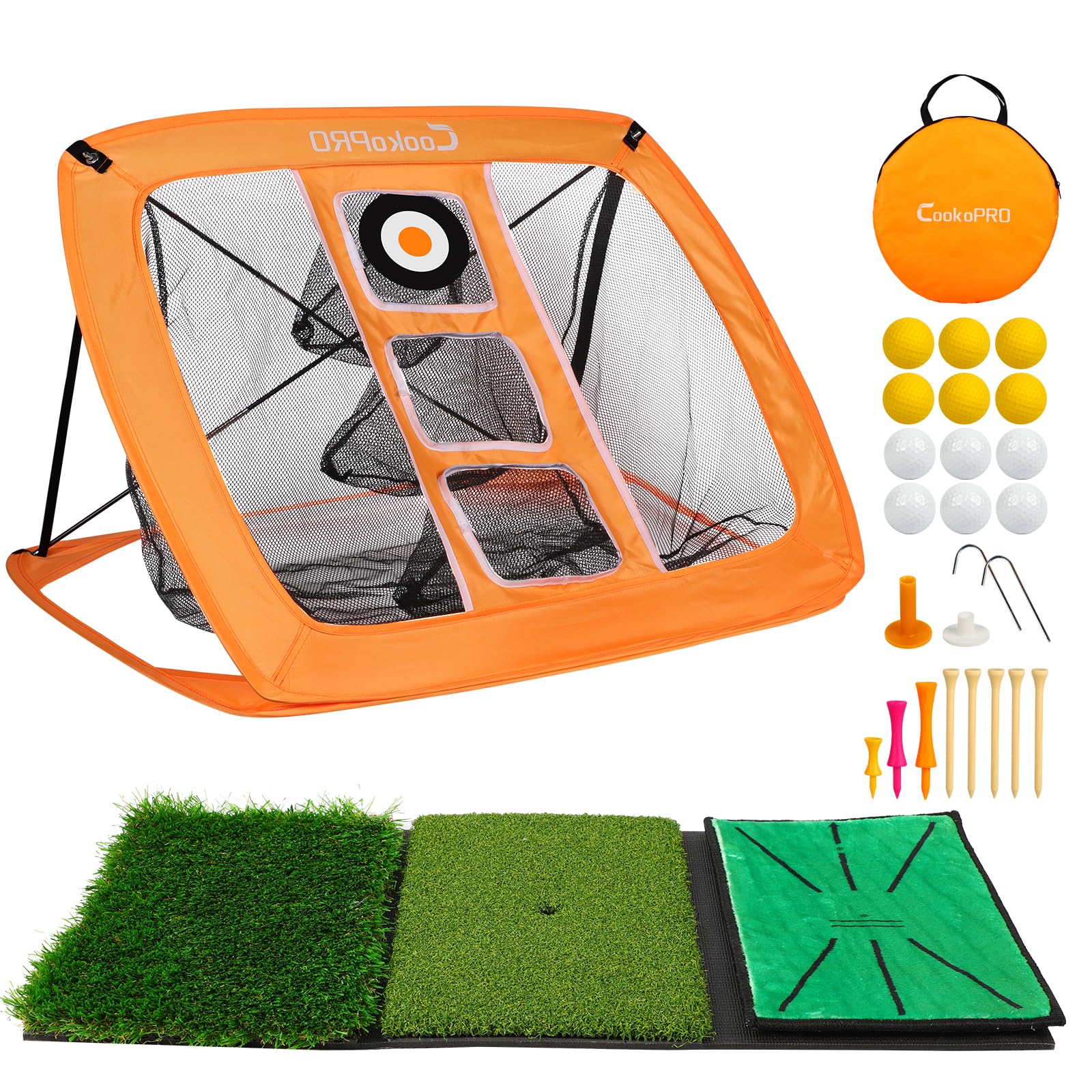 CookoPRO Golf Chipping Net Set,Pop Up Net with Durable Rubber Training Mat,10 Golf Tees,6 Practice Balls,6 Foam Balls and Carry Bag for Indoor & Outdoor Game