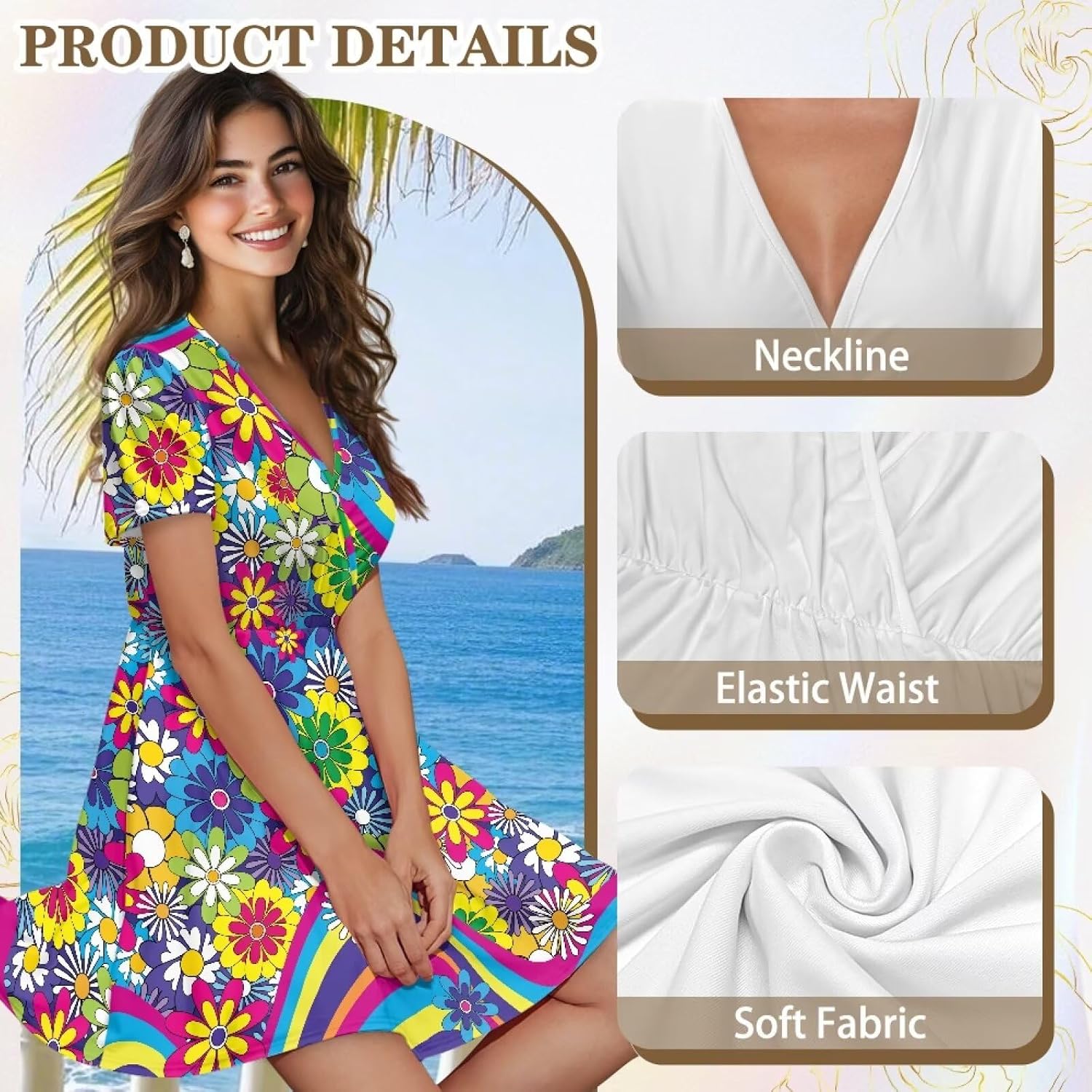 POLERO Hippie Sundress Short Sleeve Womens Summer Dresses V Neck A-Line Mini Dress