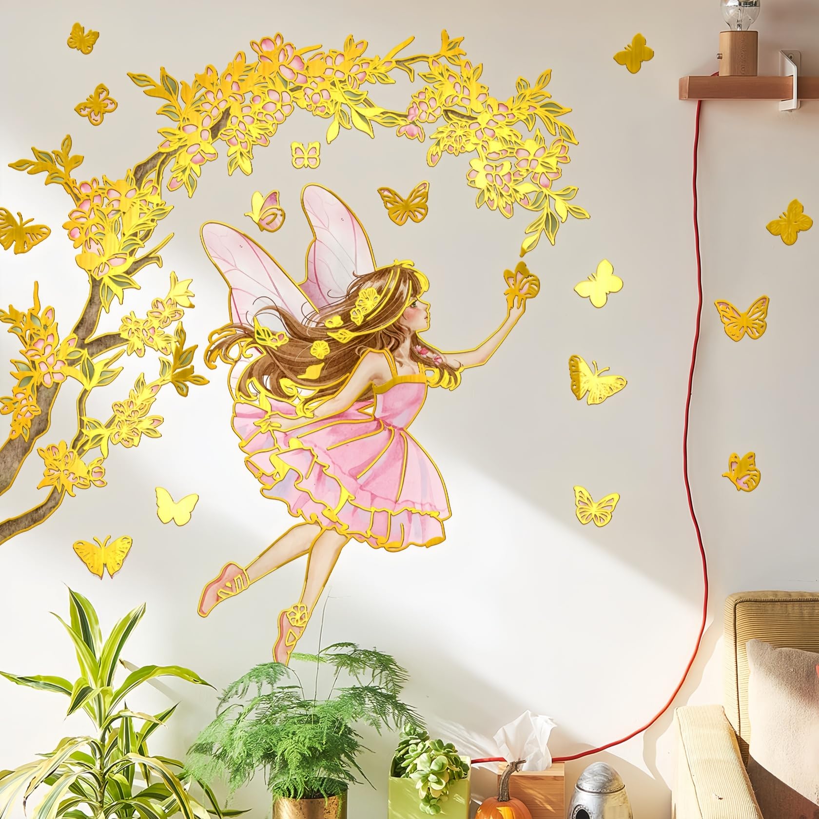 Lekabee Golden Flower Fairy Wall Stickers, Floral Butterfly Wall Decal, Girls Bedroom Baby Nursery Kids Room Wall Decor (Style_B) - Image 4