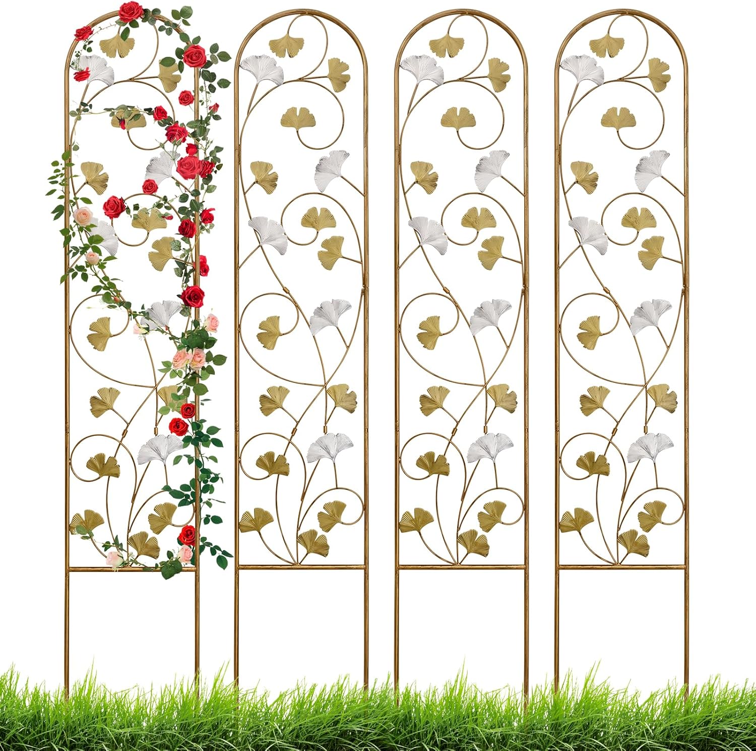 Metal Garden Trellis with Ginkgo Leaves - Outdoor Arched Fence Trellis for Climbing Plants, Decorative Plant Support for Patio, Backyard, Lawn(4pcs)