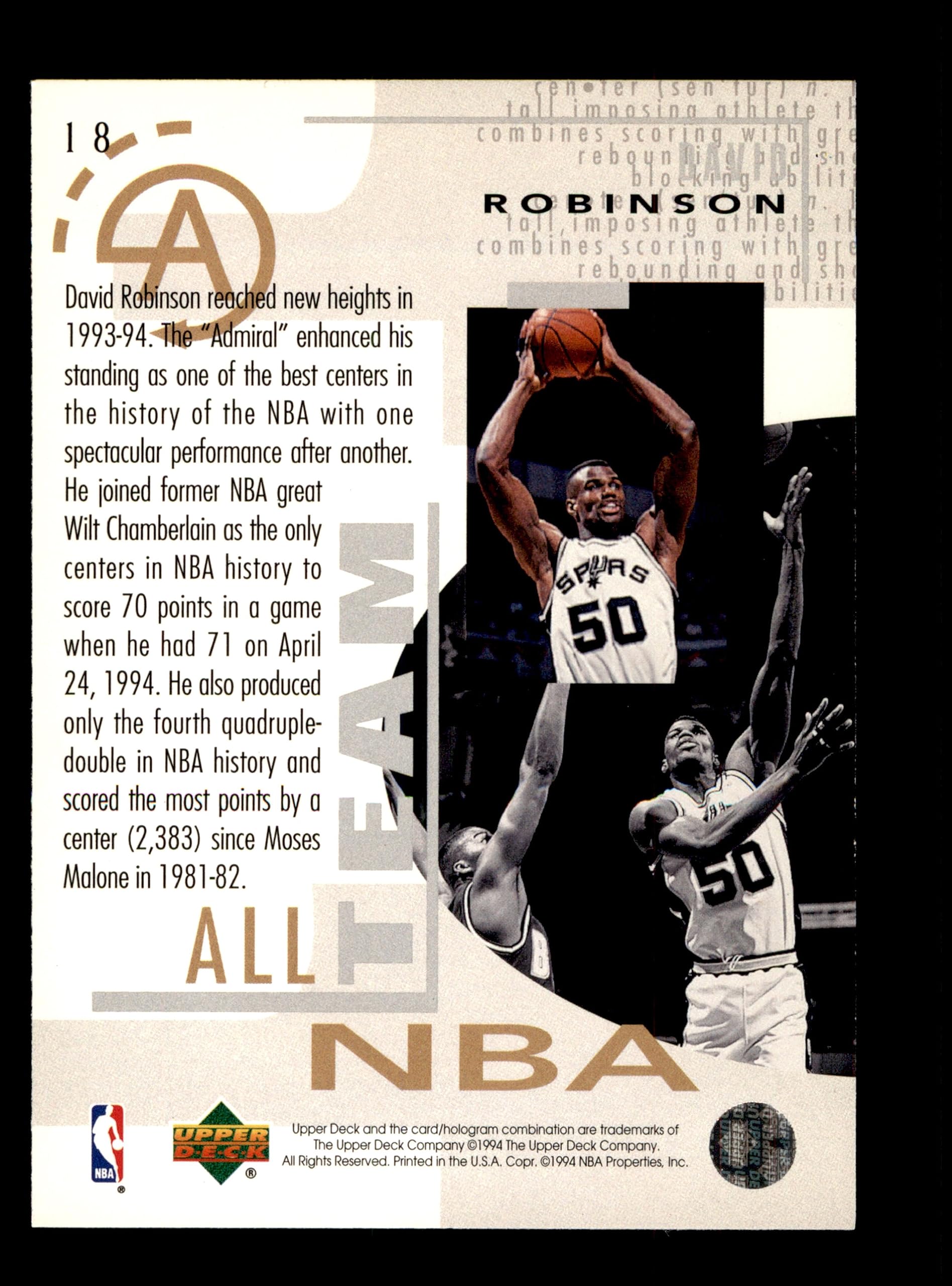 Amazon.com: 1994 Upper Deck # 18 All-NBA Team David Robinson San