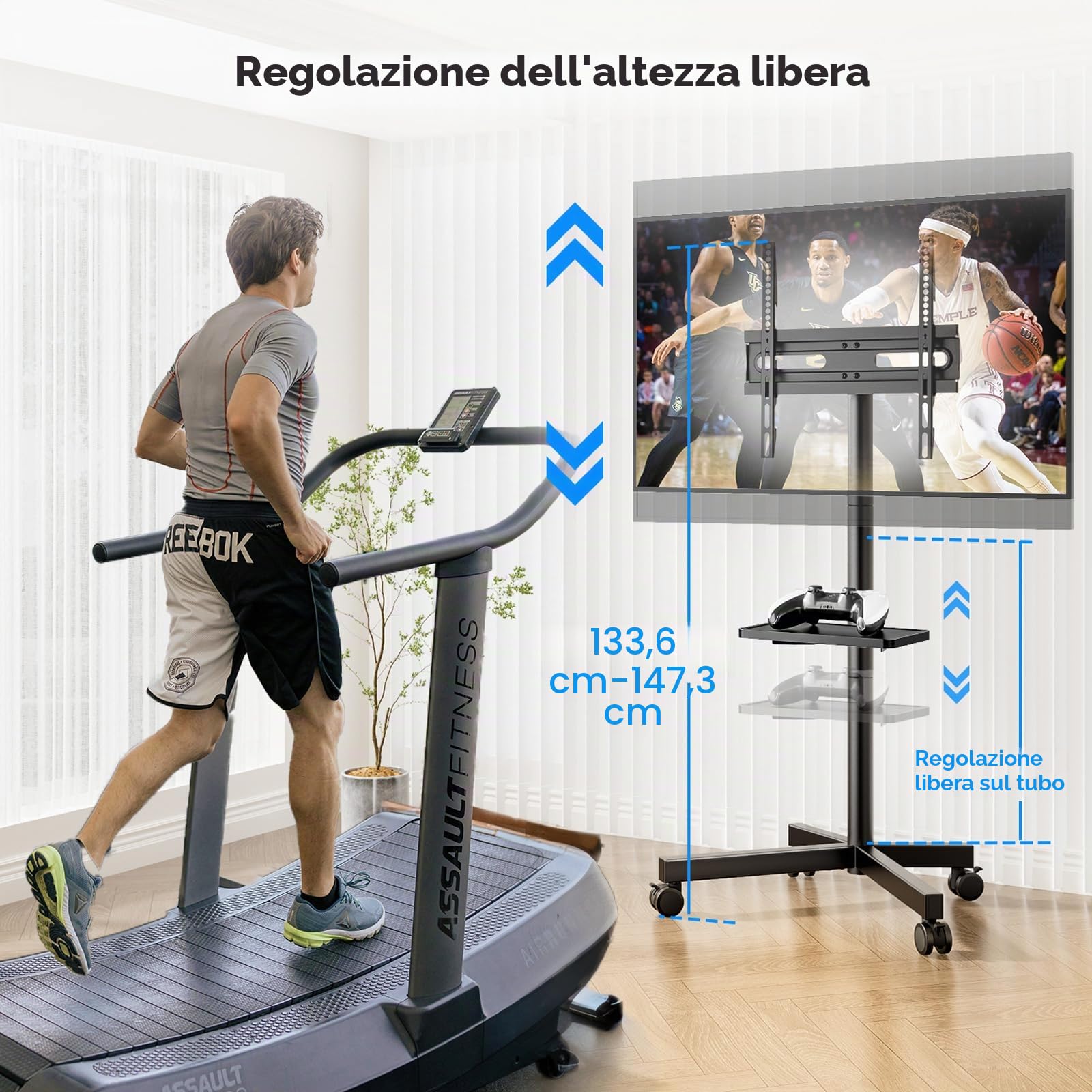 Supporto mobile TV per LCD LED da 23 a 60 pollici a schermo piatto/curvo, carrello porta TV con rotelle, supporta fino a 40 kg di peso, supporto TV portatile con ripiano girevole da pavimento