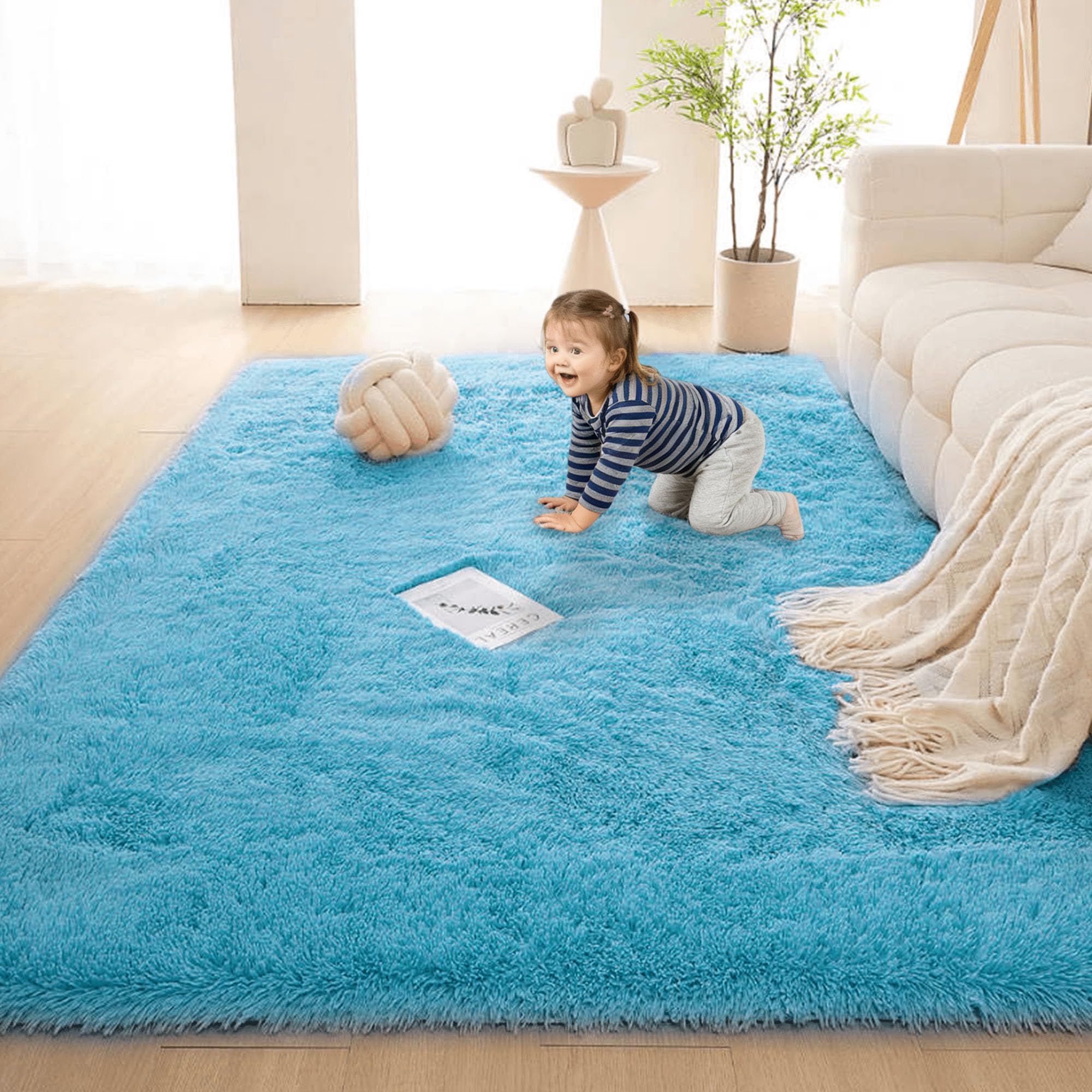 Tapis de chambre shaggy lavable bleu pour un entretien facile et rapide