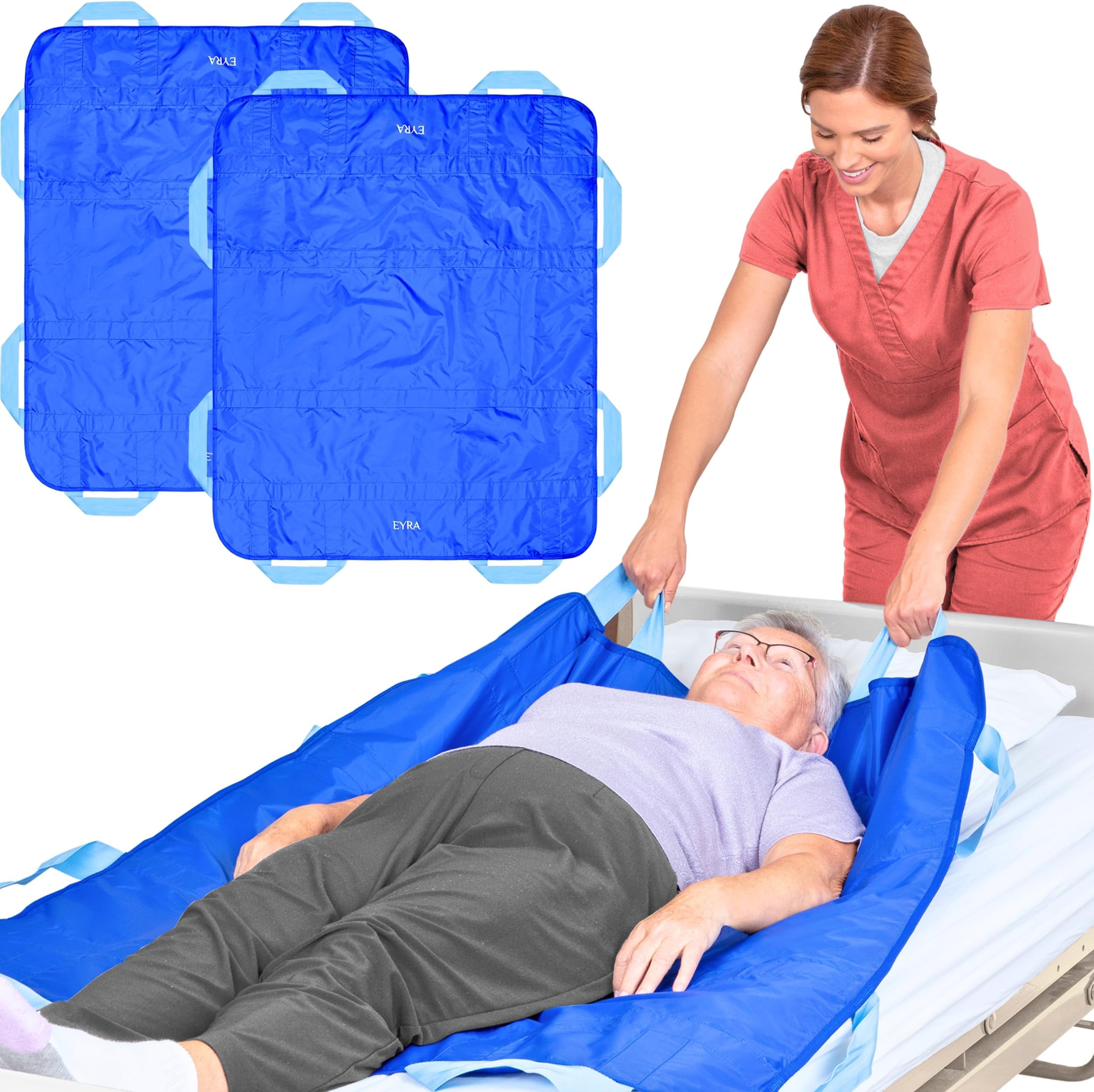 EYRA Pack of 2 Premium Positioning Bed Pads with 8 Reinforced Handles, 48” x 40” Patient Repositioning & Transfer Sheets for Elderly & Bedridden Care – Washable, Reusable, Hospital-Grade (Blue)