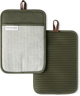 KitchenAid Evergreen Herringbone Silicone Pot Holders 2-Pack - 500°F Heat Resistant, Non-Slip Grip, Deep Forest Green 7x10