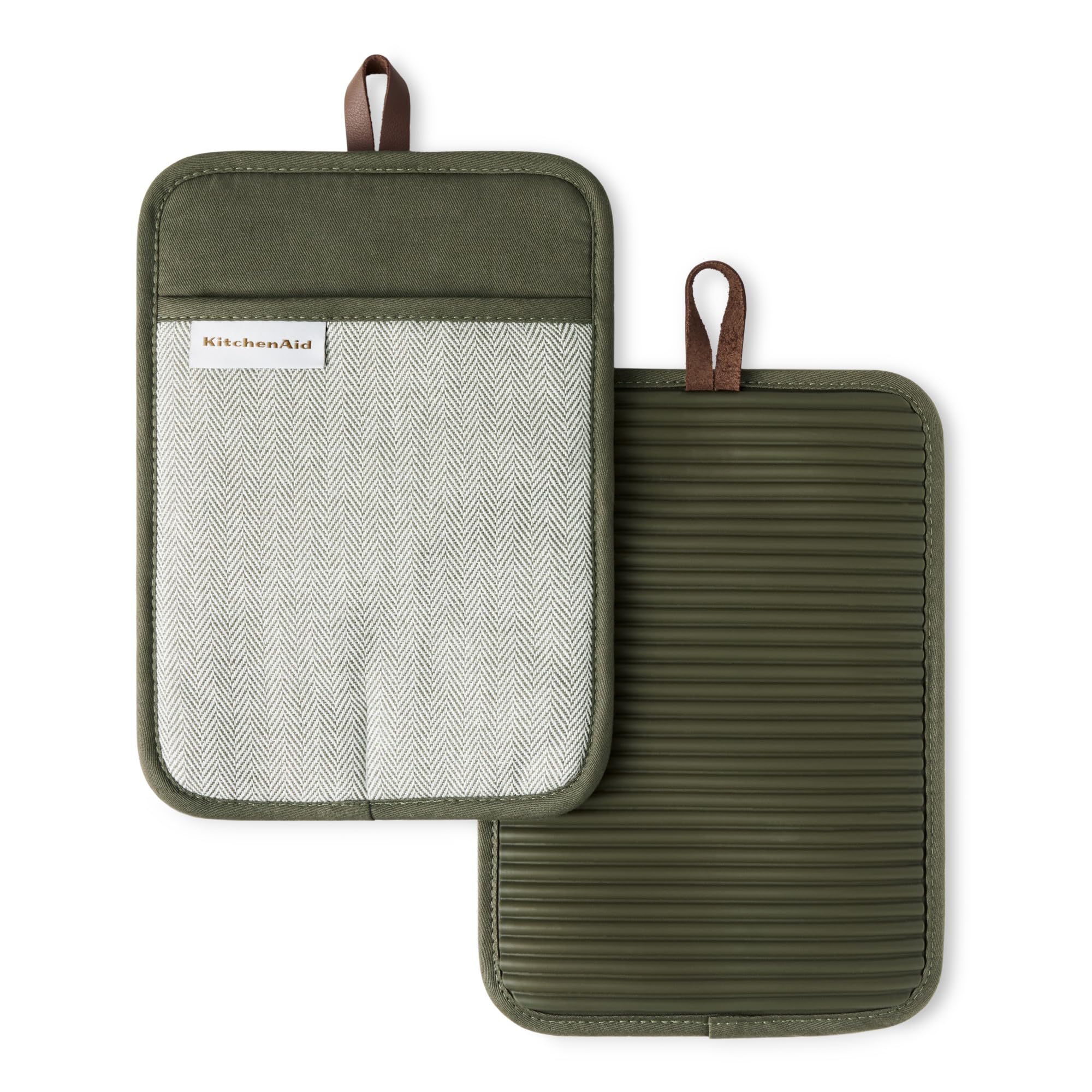 KITCHENAID® Evergreen Design Series Topflappen, Fischgrätenmuster, gerippt, weiches Silikon, hitzebeständig bis 260 °C, flexibel und wasserdicht, Dunkelgrün, 17,8 x 25,4 cm, 2 Stück