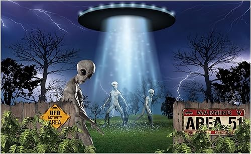 Funnytree Telón de fondo de OVNI Alien para Halloween, suministros para fiesta de cumpleaños, bandera, platillo volador, decoración de fondo de