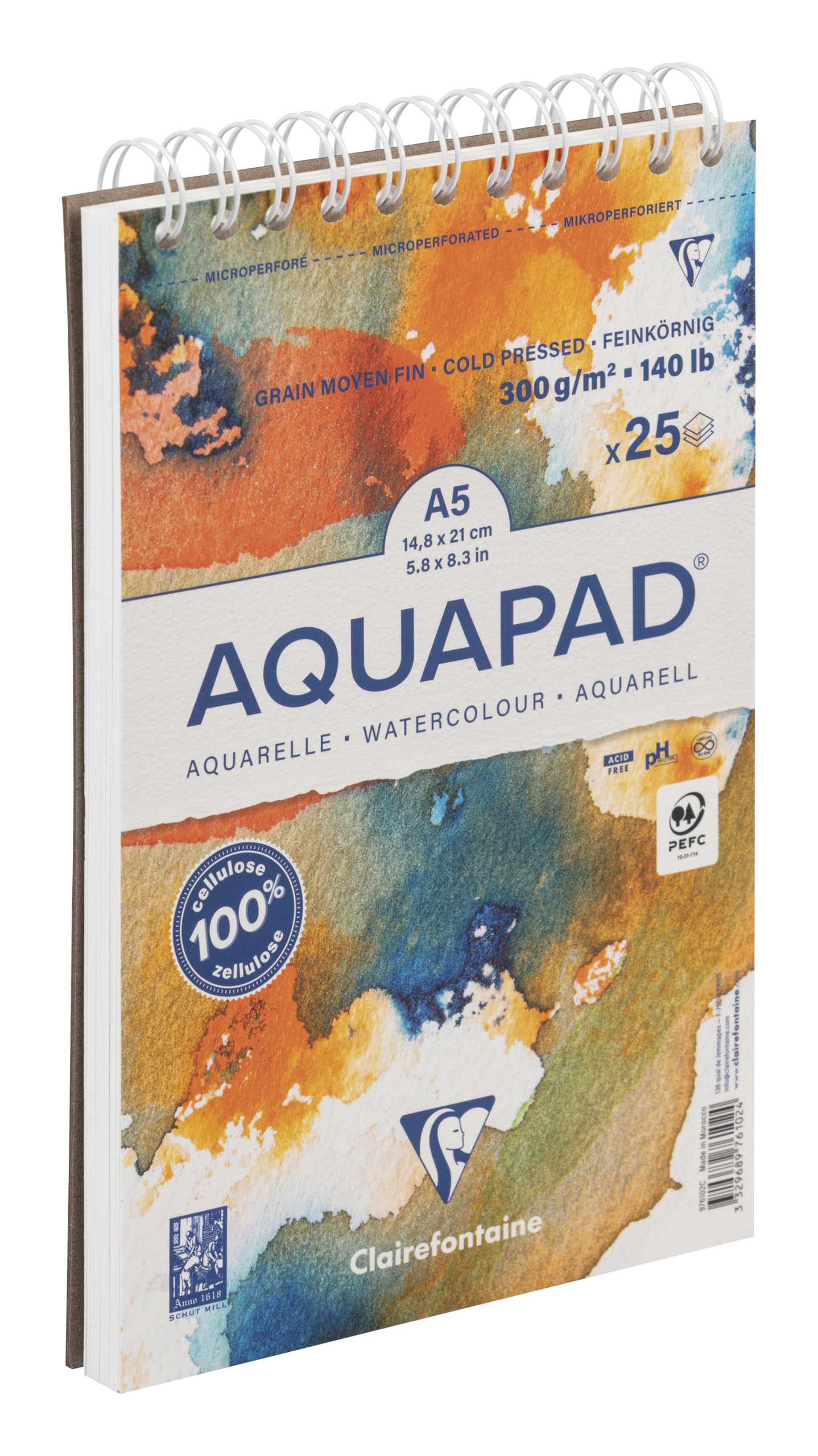 Clairefontaine 976102C - Spiralblock Aquarellalbum Goldline Aquapad A5 14,8x21 cm, Aquarellpapier, 25 Blatt 300g, Naturweiß, mittelfein, 1 Stück