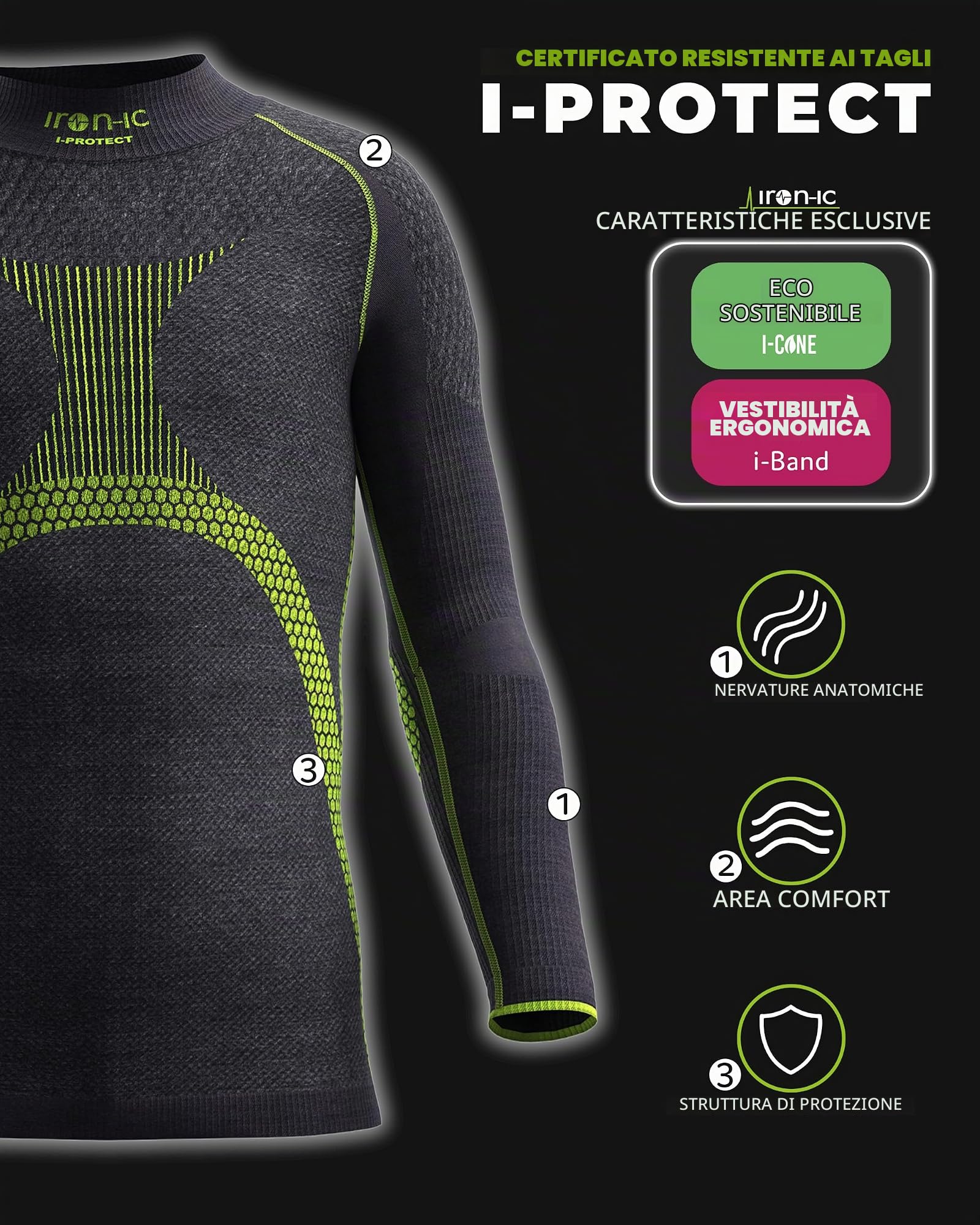 Iron-Ic - T-Shirt Junior Maniche Lunghe I-Protect Seamless Cut Resistant per Sport Outdoor in Climi Freddi con Fitting Slim Compression - Art. 201984