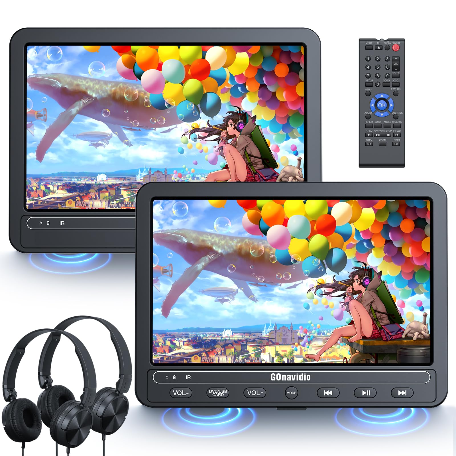 GOnavidio 10.1" Dual Screen Car DVD Players, 5 Hours Battery, Portable DVD Player for Car with 2 Headphones Support USB/TF Card, Region Free, Last Memory (1 x Player+1 x Monitor)