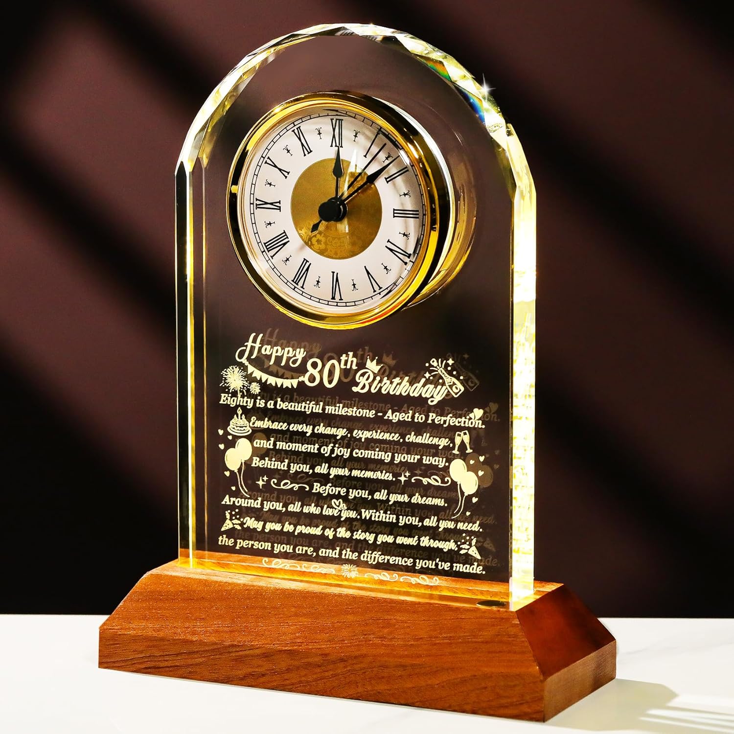 Happy 80th Birthday Glass Clock Gifts for Women, Men - 80 Year Old Birthday Gift with Wooden Light Base for Her Him, Turning 80 Quartz Clock Gift Idea for Mom Dad Unique Keepsake