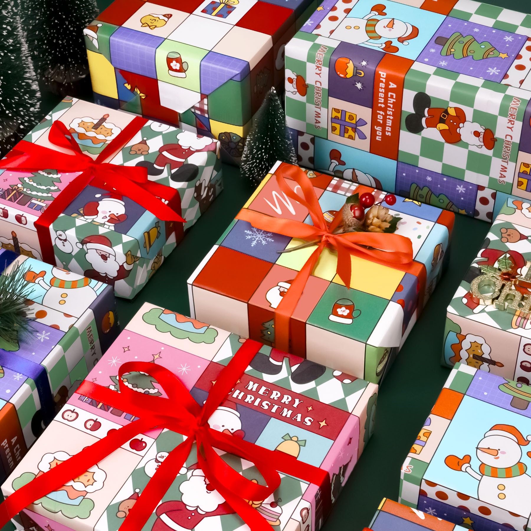Carta Regalo Natalizia 6 Fogli – 70x50 Cm – Design Cartoni Animati Con Pupazzi Di Neve, Babbo Natale E Alberi – Per Bambini