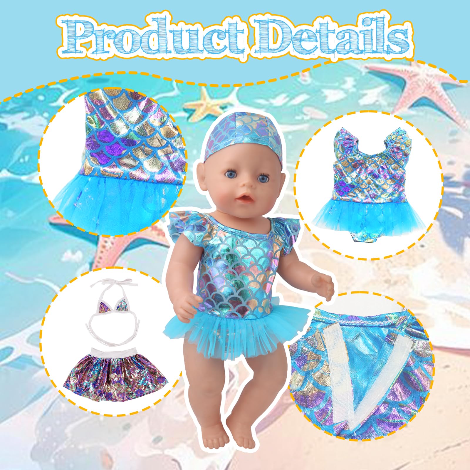 Xerteam Doll Clothes for 14-18 Inch Baby Doll, 2 Sets Swimming Dolls Clothes, Bikini Swimsuit, One-Piece Swimsuit, Cap - Image 2