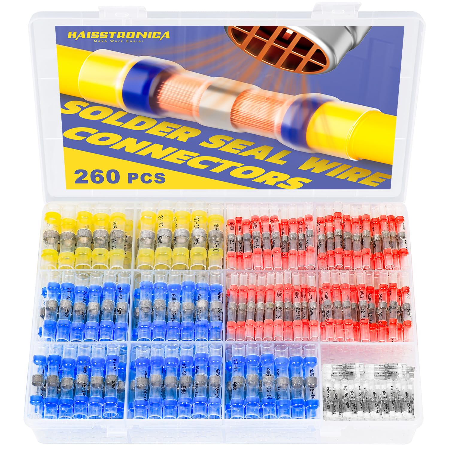 Haisstronica 260PCS Waterproof Heat Shrink Wire Connectors - Self Solder, Marine & Stereo (20Yellow, 60White, 90Red, 90Blue) Solder Sleeve
