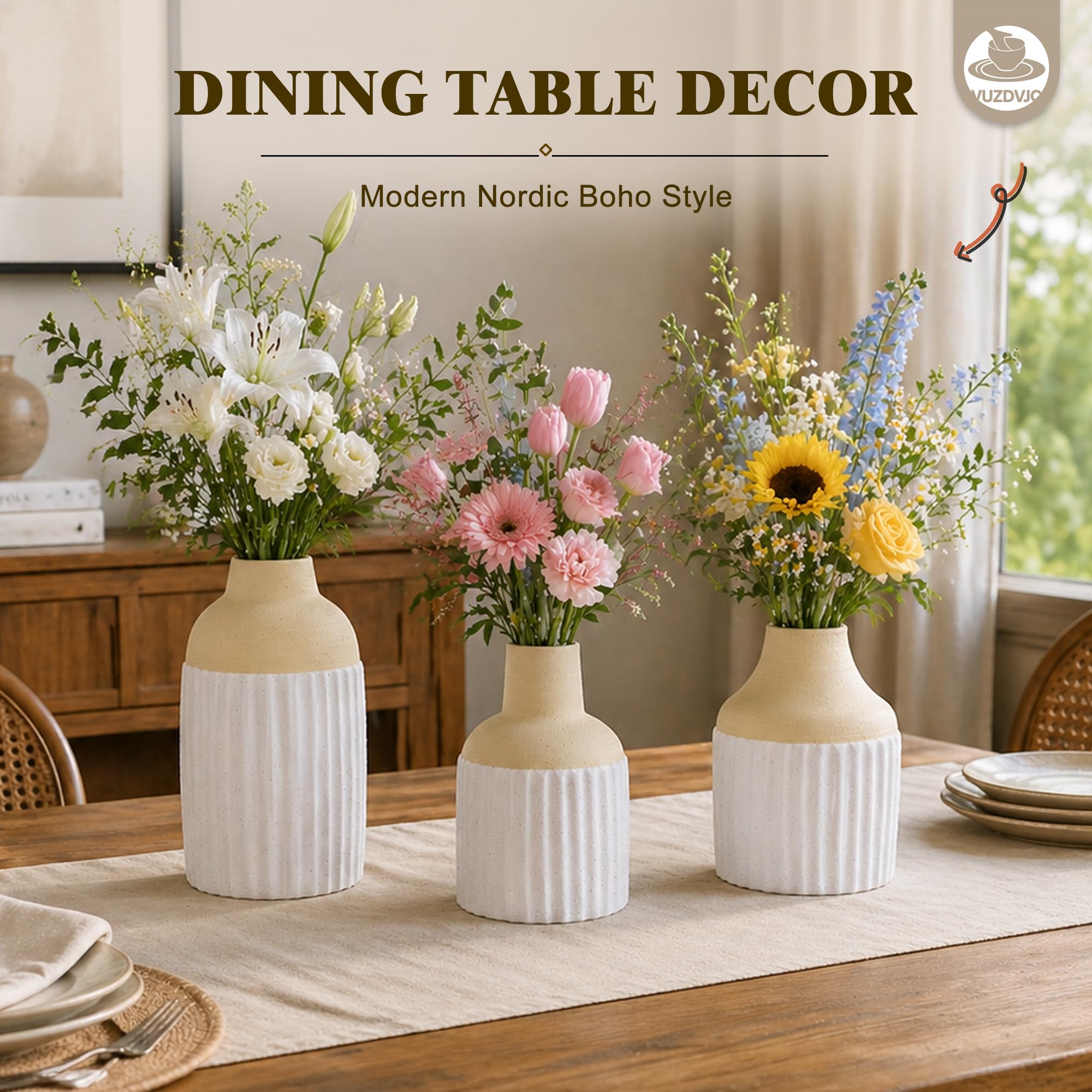 Juego de 3 jarrones de cerámica modernos y estéticos bohemios para decoración del hogar para cocina, comedor, dormitorio, oficina, sala de estar, baño y estantes, centro de mesa, decoración (beige
