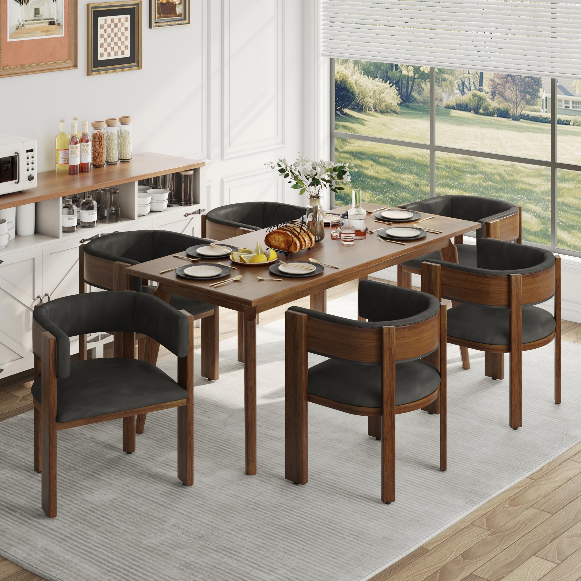 Barrel Dining Chairs Set of 6, Modern Dining Room Chairs with Curved Backrest, Kitchen Chairs with Solid Wood Legs, Comfortable PU Leather Upholstered Seat, Adjustable Foot Pad, Dark Grey