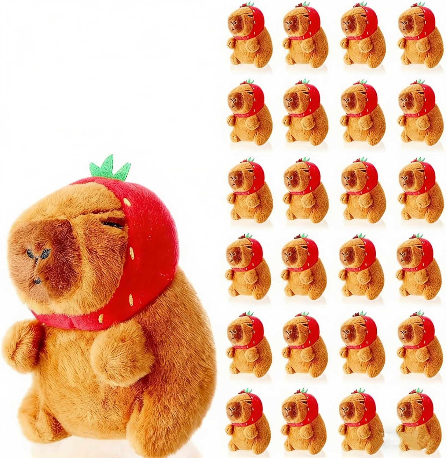 24Pcs Capybara Plush Keychain Capybara Stuffed Animals Toy Capibara Cute Keychain Pendant for Party Favor Decor (Strawberry Hood, 24)