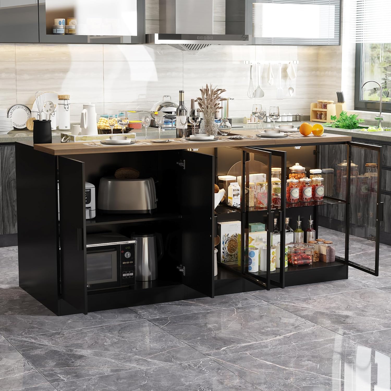 78.7" Kitchen Island with LED Light, Glass Doors & Shelves, Kitchen Prep Table with Drawers & Shelves, Stationery Storage Cabinet with Wood Grain Tabletop for Dining Room, Black & Brown