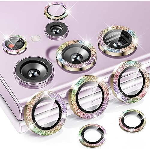 Hoerrye for Samsung Galaxy S23 Ultra Camera Lens Protector, Case-Friendly, 9H Tempered Glass Anti-Scratch, Space Titanium Military-Grade Protection Circle, Removal Tool (Glitter Colorful)