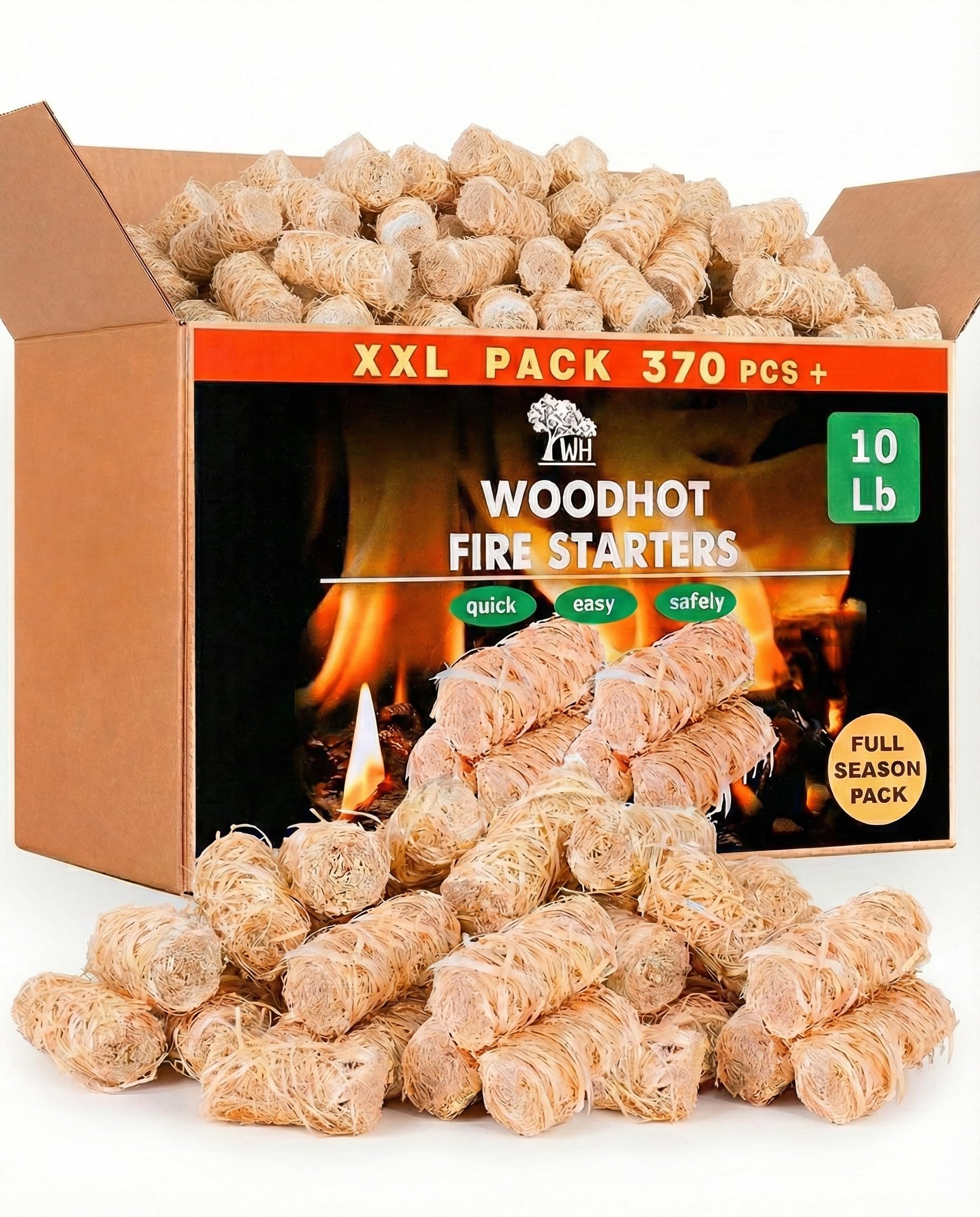 - WH 370 pcs Natural Fire Starters for Indoor Fireplace - 10lb Large Box - Long-Burning Charcoal Starters - Odorless Firestarters for Wood Stove, Chimney, Campfires & Grill - Quick Ignite