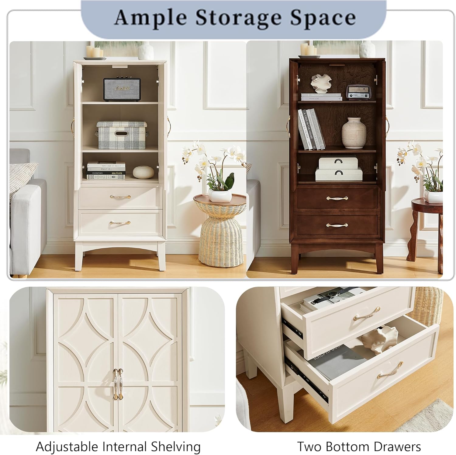 MERITLINE 53.5" Tall Kitchen Pantry Cabinet with Doors & Drawers, Mid Century Modern Sideboard Buffet Storage for Living Room, Entryway, Hallway & Garage (Antique White)
