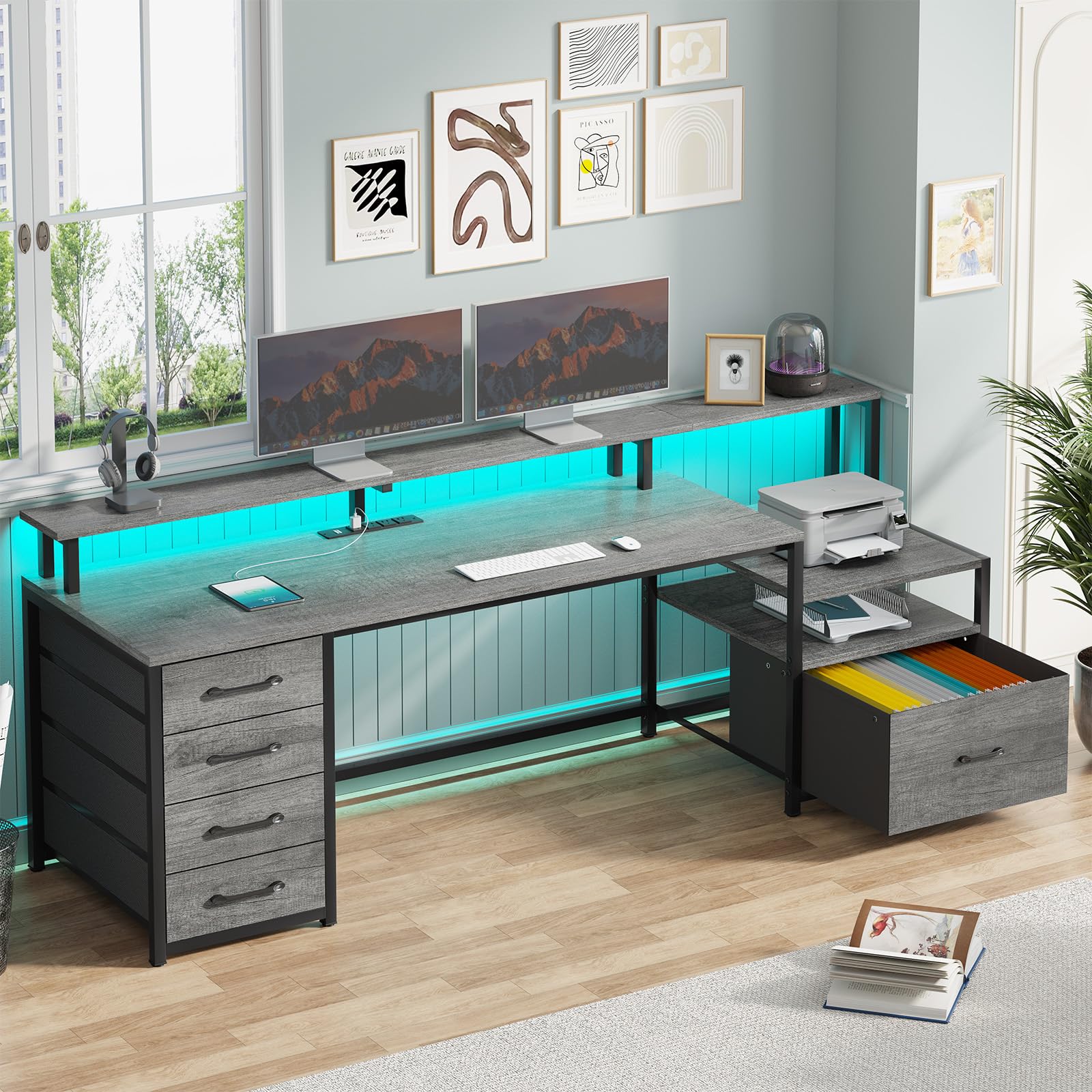 Home Office Desk with File Drawer & Power Outlet, 66'' Computer Desk with 5 Drawer, Storage Shelves, Printer Cabinet and Monitor Shelf, Gaming Desk with Led Lights, Grey