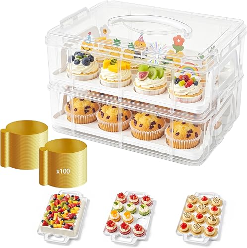 Cupcake Carrier with Lid and Handle 24 Hole with 100 pcs Mini cupcake boards (3.15inch),BPA-Free Cup Containers Holder for Cupcakes, Dessert,Nuts, Fruits, Vegetables, Salads, Cookies