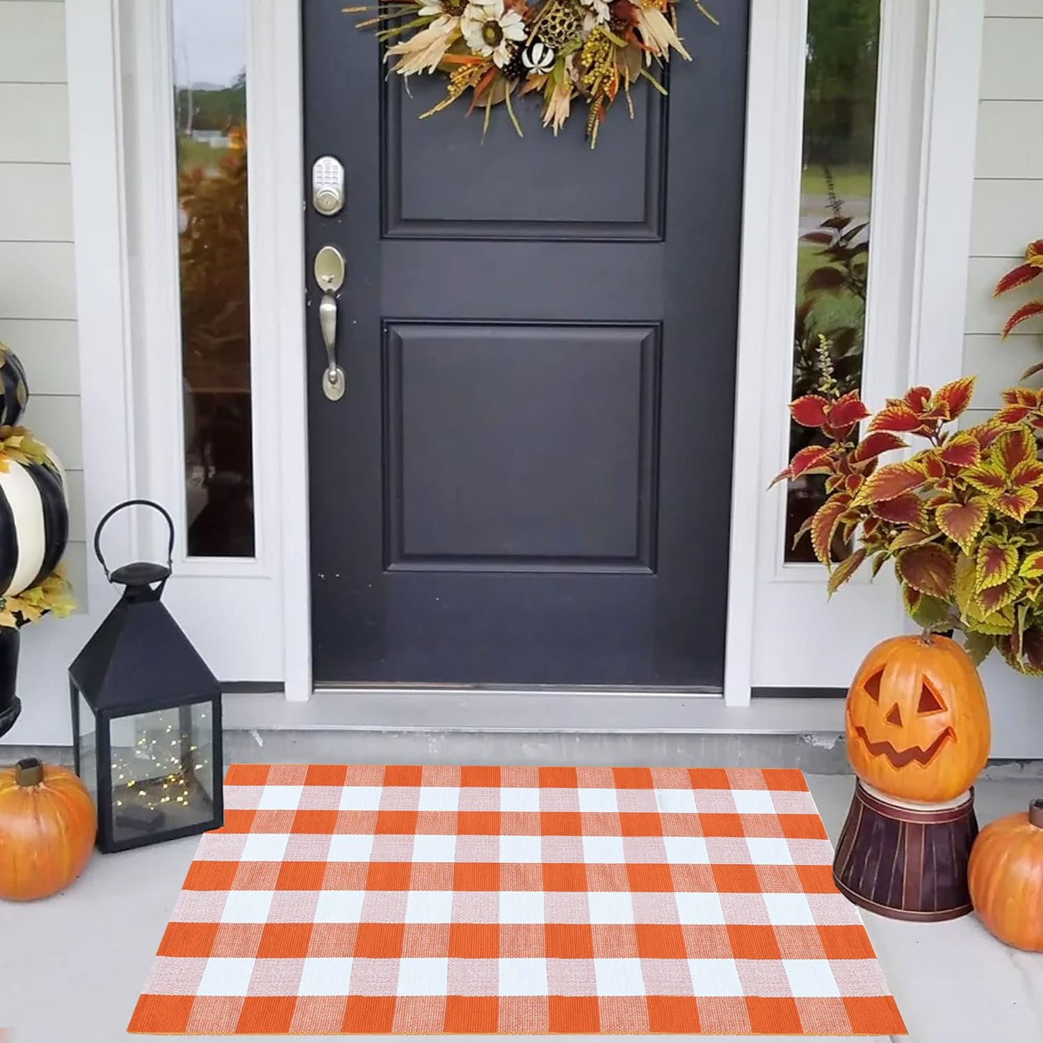 Bedkiss Orange and White Plaid Rug - Indoor Outdoor Hand-Woven Washable Doormat for Fall Front Door Decoration, Porch, Entryway, Farmhouse, Autumn, Thanksgiving (Orange and White Plaid, 3' × 5') 3' × 5' Orange and White Plaid