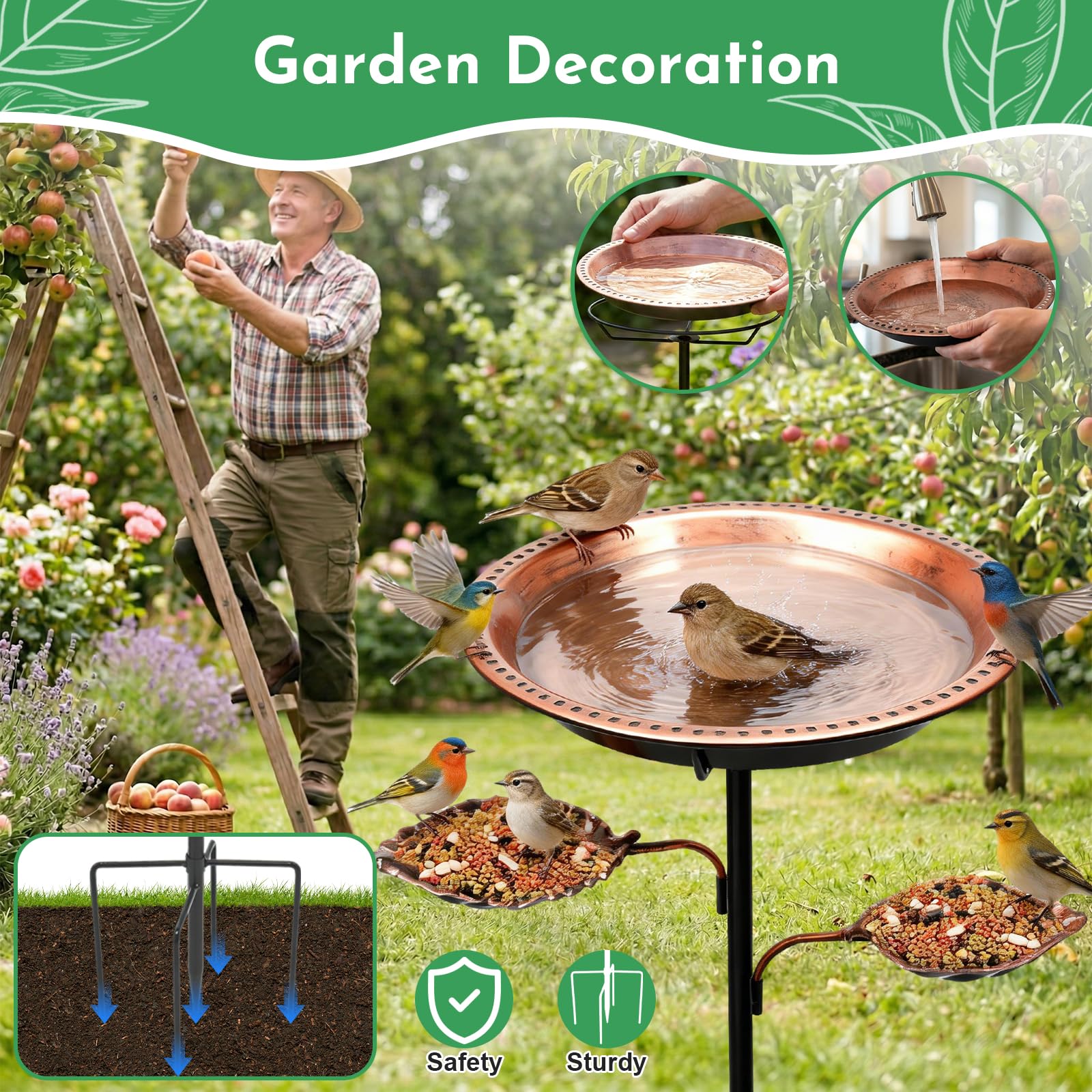 Cyiecw 93cm Vogeltränke Stehend, Vogelbad Gartendeko für Draußen, 2 in 1 Metall Wasserschale Garten & Futterstation für Vögel, Vogeltränke Winterfest mit Stabiler 5-Zinken-Basis(Antike Bronze)
