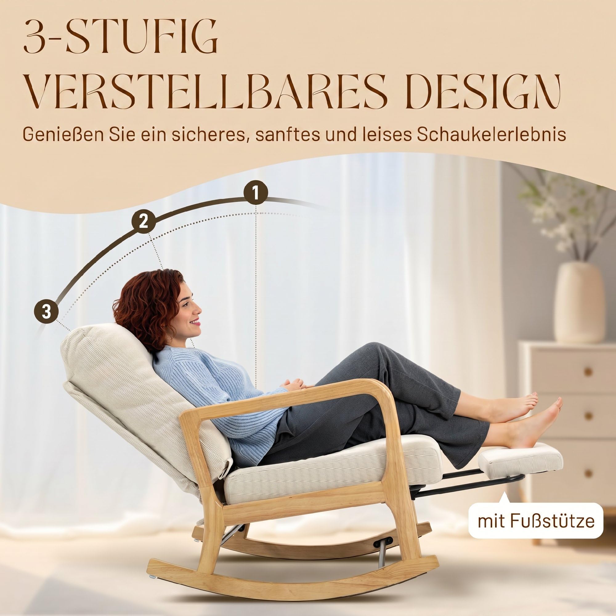 HOMCOM Schaukelstuhl mit Fußstütze, Verstellbarer Rückenlehne, Creme | Schaukelsessel, Lendenkissen, Relaxstuhl mit Holzfüßen, Cord-Optik, Skandinavischer Schwingsessel, Wohnzimmer, Schlafzimmer
