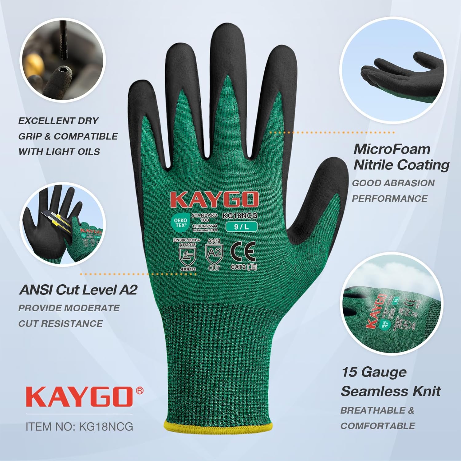 KAYGO 3 Pairs Cut Resistant Gloves,Safety Work Gloves KG18NCG,MicroFoam Nitrile Coating for Construction Automotive Warehouse