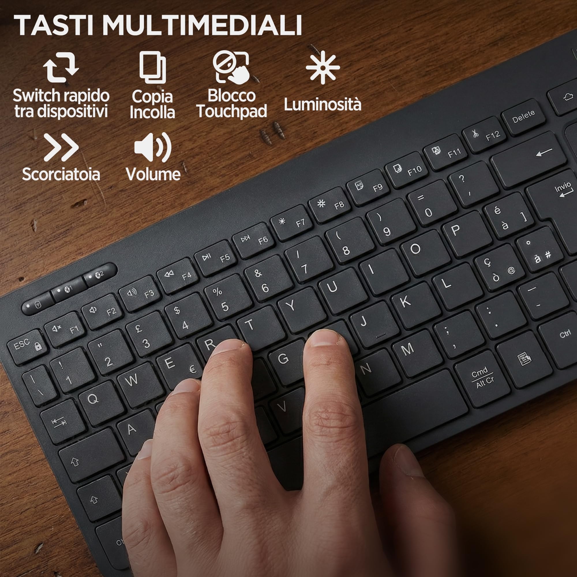Atlantis Mini Tastiera con TouchPad multitouch integrato - Wireless senza fili RF + Bluetooth, QWERTY, Tasti funzione multimediali, per PC/Notebook/Smart TV/Smartphone/Tablet/iOS/Android - Nero