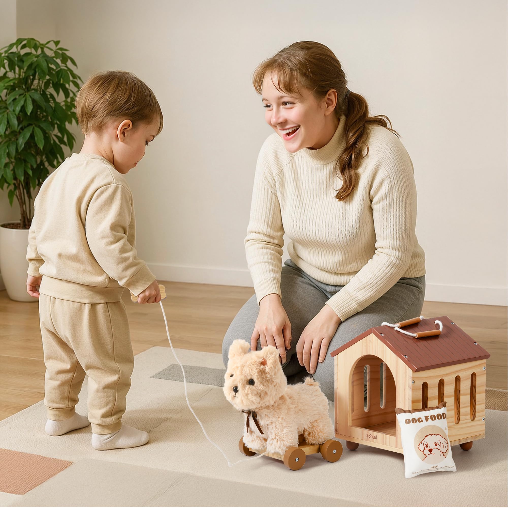 ROBUD Hund Spielzeug Kinder, 2-in-1 Nachziehtiere Spielzeug & Tierpflege Rollenspielset mit Holz Hundehütte & Abnehmbaren Rädern, Zubehör, Holzspielzeug Geschenk für Jungen Mädchen ab 2 3 Jahren
