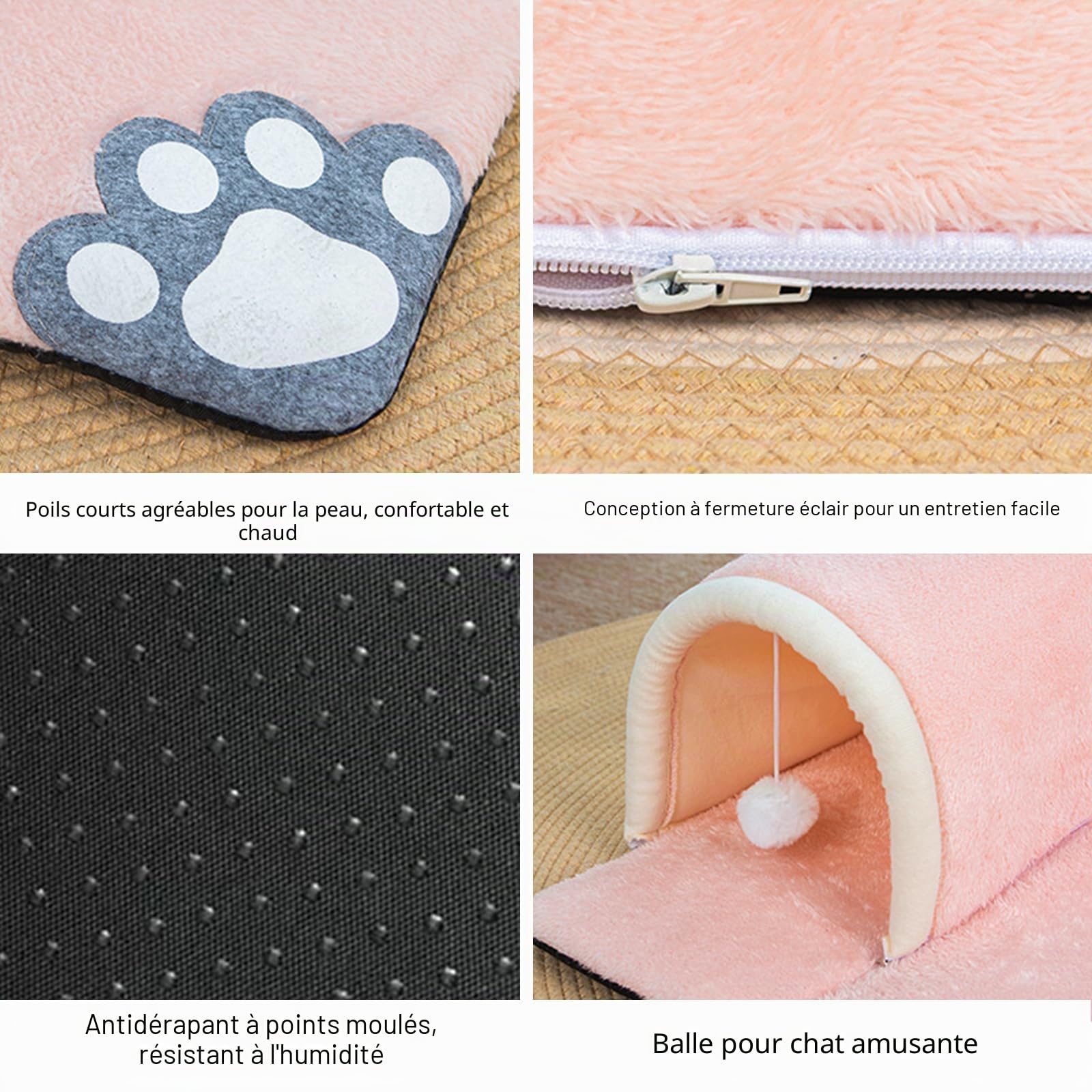 Lit tunnel pour chat 2 en 1 avec tapis, tube de jeu amovible pour chatons - Lavable - Tapis de grotte pour chaton avec balle - Tapis pour chat - 50 x 50 cm (rose)