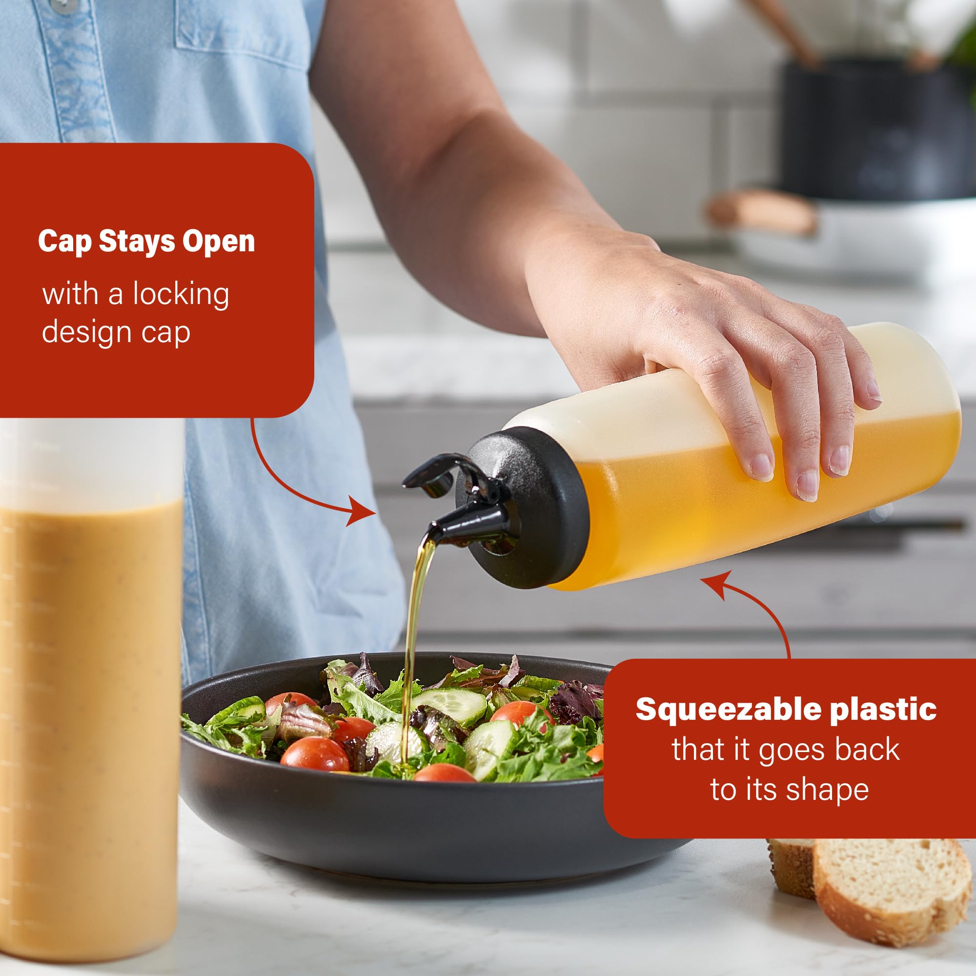 MIGHTY STRONG Paquete de 4 botellas exprimibles de condimentos de 24 onzas, botellas de salsa fáciles de verter con tapa a prueba de fugas, botellas de plástico para salsas, botellas de condimentos,