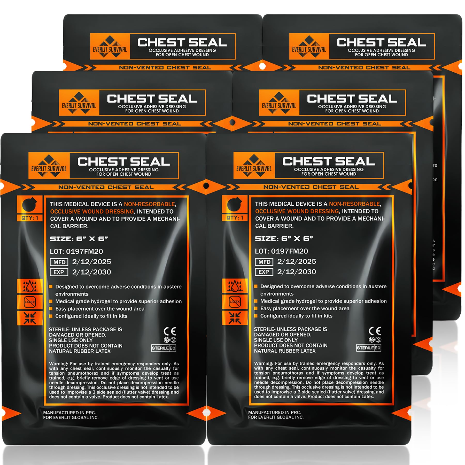 EVERLIT Occlusive Chest Seal Non-Vented Adhesive Dressing for Open Chest Injury and Sucking Chest Wound (6 Count)