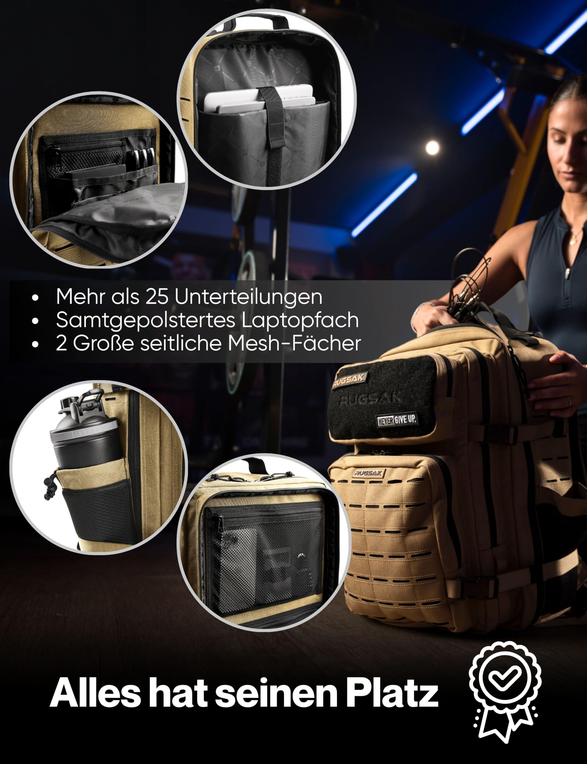 RUGSAK ALPHA | Taktischer Rucksack [20-45L] Wasserdicht & EXTREM Robust | Militär Survival Backpack | für Outdoor Arbeit Wandern Camping und Gym | Molle Reiserucksack Herren & Damen (Desert Sand)