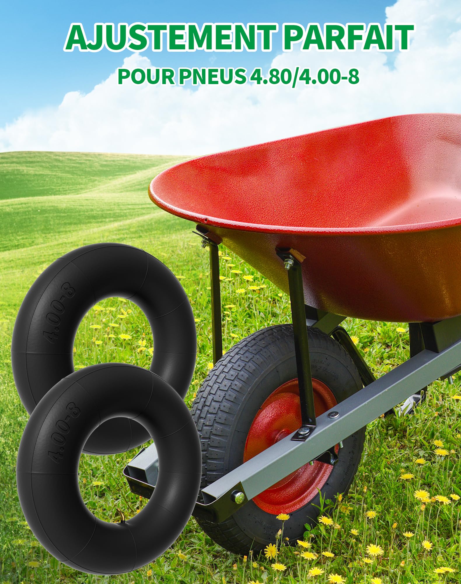 2PCS Chambre à air 4.80 4.00-8 Pneu 4.80/4.00-8 pour Roue Brouette Chariot Diable Scooter Chariot à Main Chariot de Jardin
