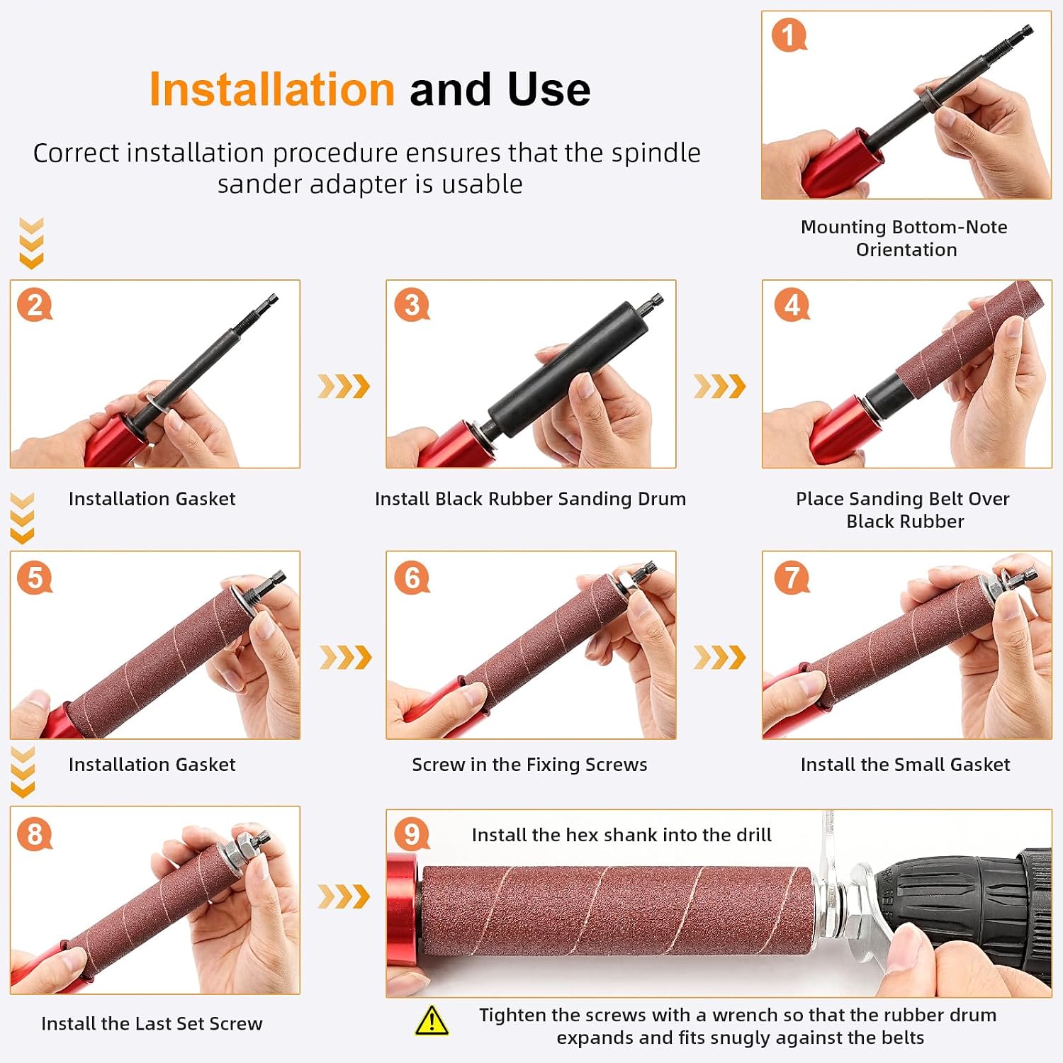 SI FANG Spindle Sander Adaptor Kit Drum Sander for Drill, Handheld Rubber Sanding Drums and Sleeves, Drill Sanding Attachment with Universal Hex Shank, For Woodworking Metal Polishing