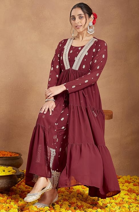 Janasya Women's Georgette Embellished Gold Printed Front-open Tiered Kurta Pant Set