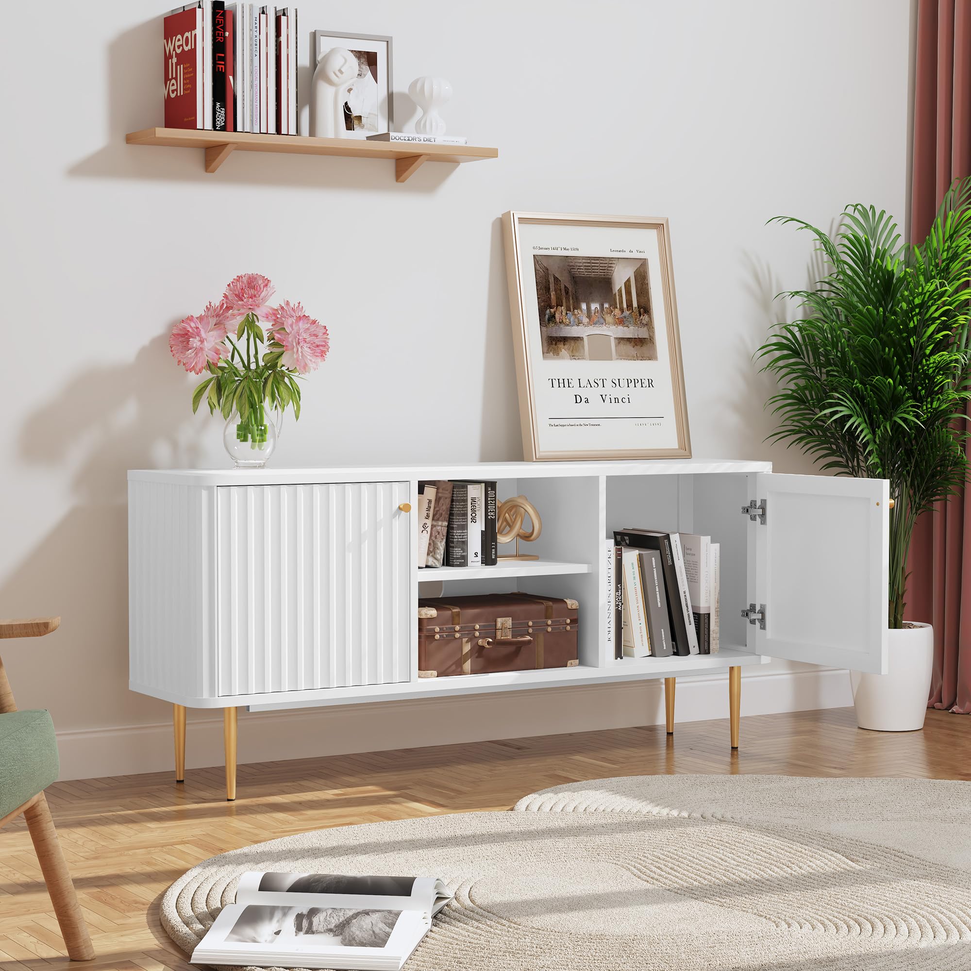 TV-Schrank-Fernsehschrank Holz Fernsehtisch mit 2 Türen Lowboard für Fernseher TV-Regal für Wohnzimmer, Esszimmer, Schlafzimmer, Moderne Stil,Weiß