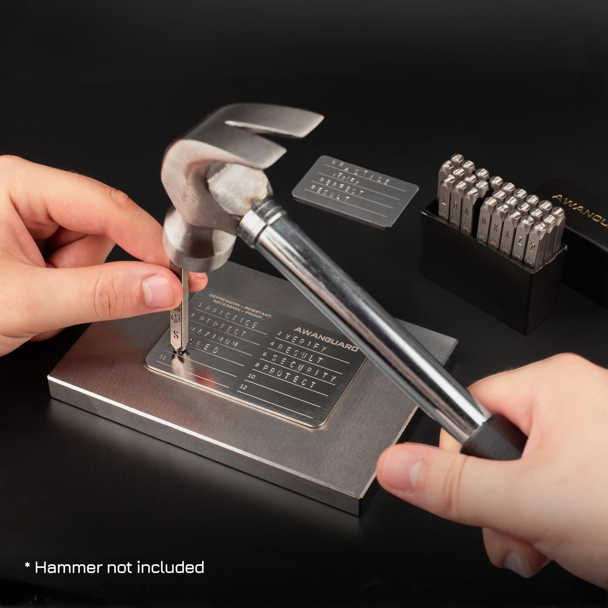 Stemple Alfabetyczne, Wybijaki, Znaczniki. Letter Punch For Seed Phrase Steel Crypto Wallet Backup. Chrome-Vanadium Steel, 27 szt. (Zestaw Stempli + Tabliczka do Ćwiczeń)