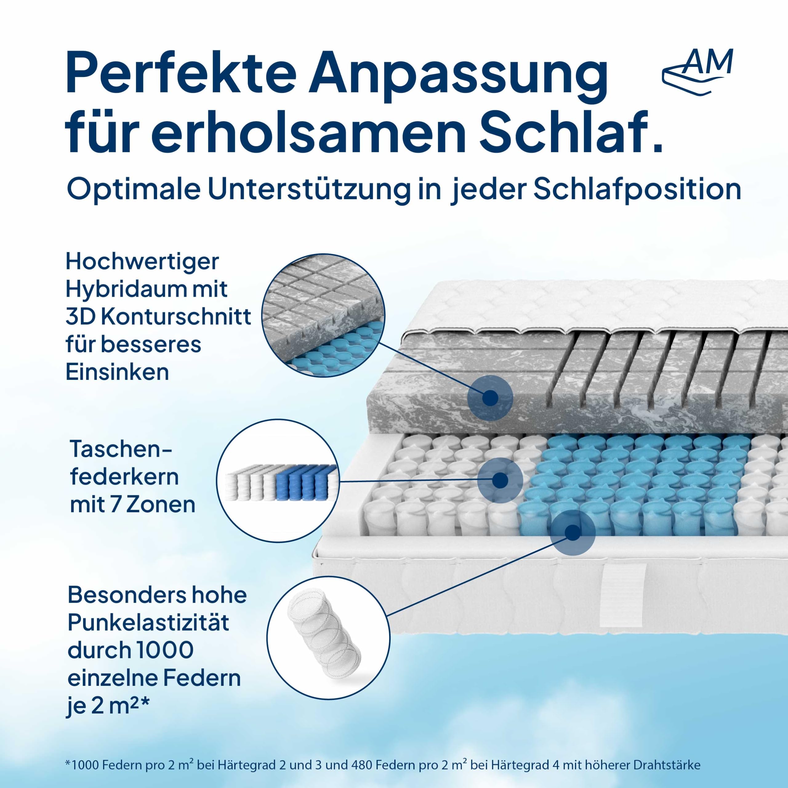 AM Qualitätsmatratzen 3D Deluxe Taschenfederkernmatratze 100x200cm H3 24cm - Made in Germany & Oeko TEX Zertifiziert - Ergonomische Matratze 100x200 H3 mit Lyocell Bezug - 7 Zonen Federkernmatratze