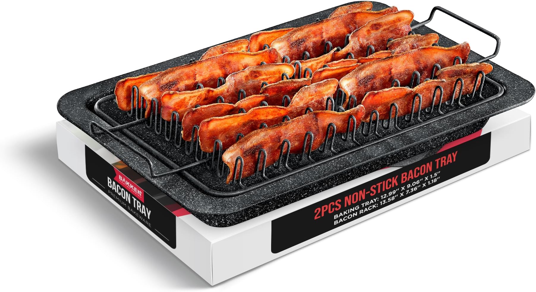 Bacon Tray - 2-Piece Set – Marble Coating - Durable, Non-Stick Cooking Tray for Bacon – Black Stone Tray and Carbon Steel Rack