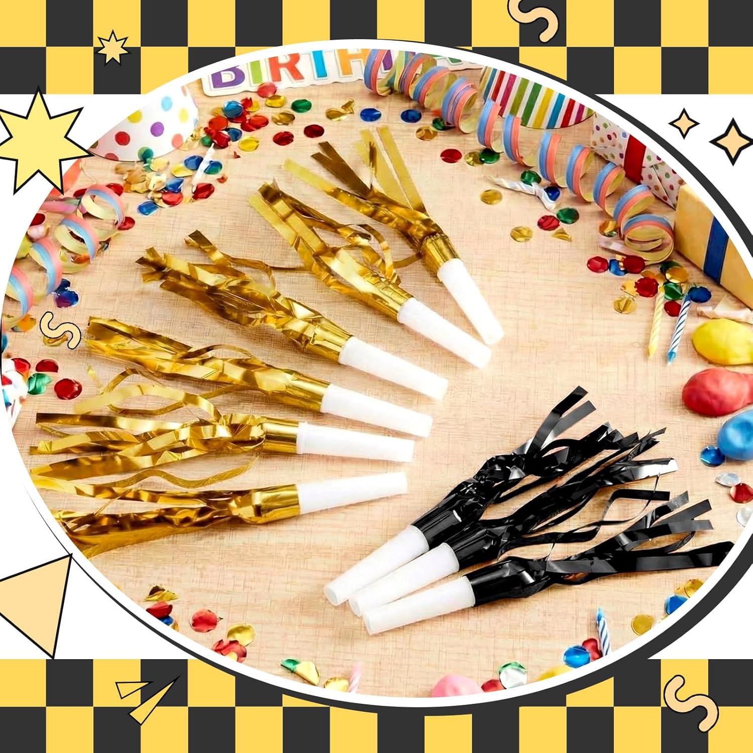 Deekin 200 Pcs Black Gold Party Blowers Bulk, Graduation Noisemakers 2026, Metallic Foil Noisemakers for New Year, Wedding, Anniversary, Birthday Party Supplies