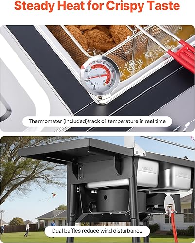 Miniatura 6 de VEVOR Freidora de propano para exteriores, freidora comercial de doble tanque 8QTx2, cocina de acero inoxidable con plataforma plegable, cesta doble