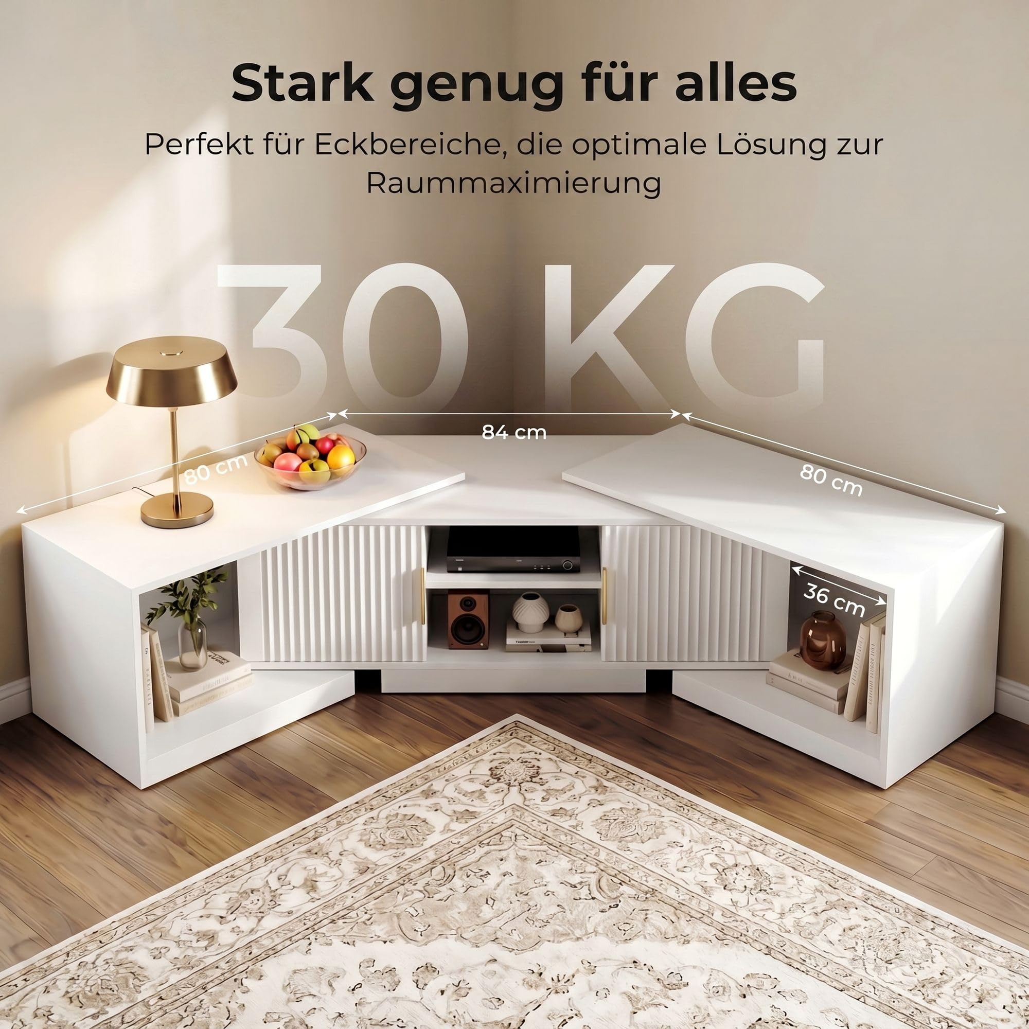IRONCK TV Schrank Ausziehbar 160–200cm, Lowboard für Fernseher 30-75 Zoll, Drehbar Eck Fernsehschrank Holz, 2 Türen und verstellbaren Stauraum, Modern TV Board Fernsehtisch für Wohnzimmer, Weiß