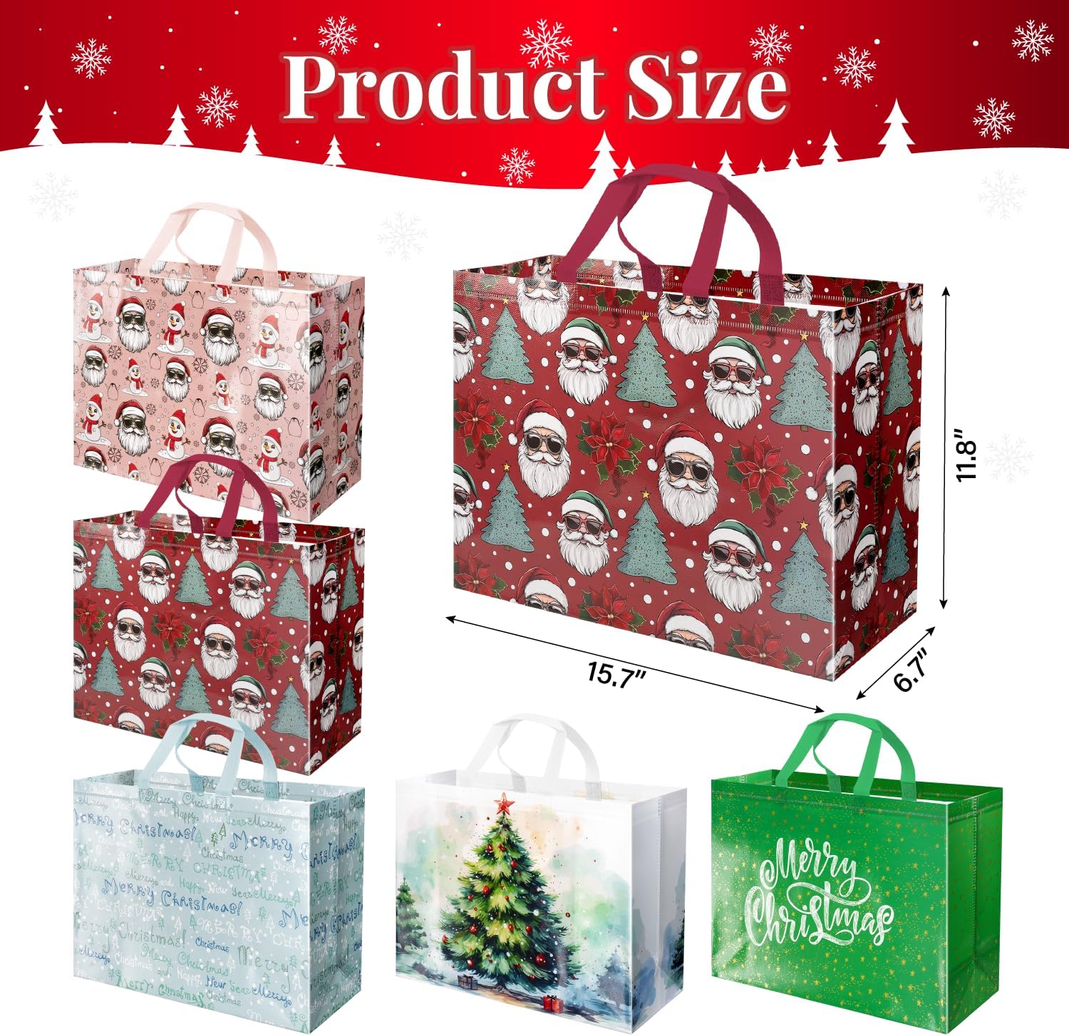 ysmile 50 Pack Extra Large Christmas Gift Bag Bulk, Reusable Holiday Tote Bag Non-Woven with Handle for Present Wrapping Party Favor Grocery Shopping 15.7" Christmas (Pack of 50)