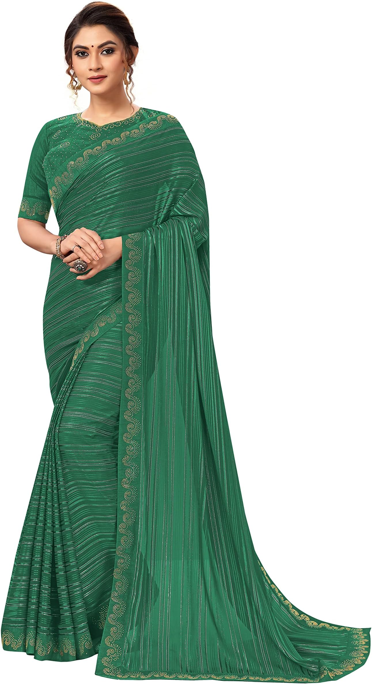 Nivah FashionWomen's Rangoli Silk Striped Zari Weaving Paisley Hotfix Border Work Saree with Blouse Piece