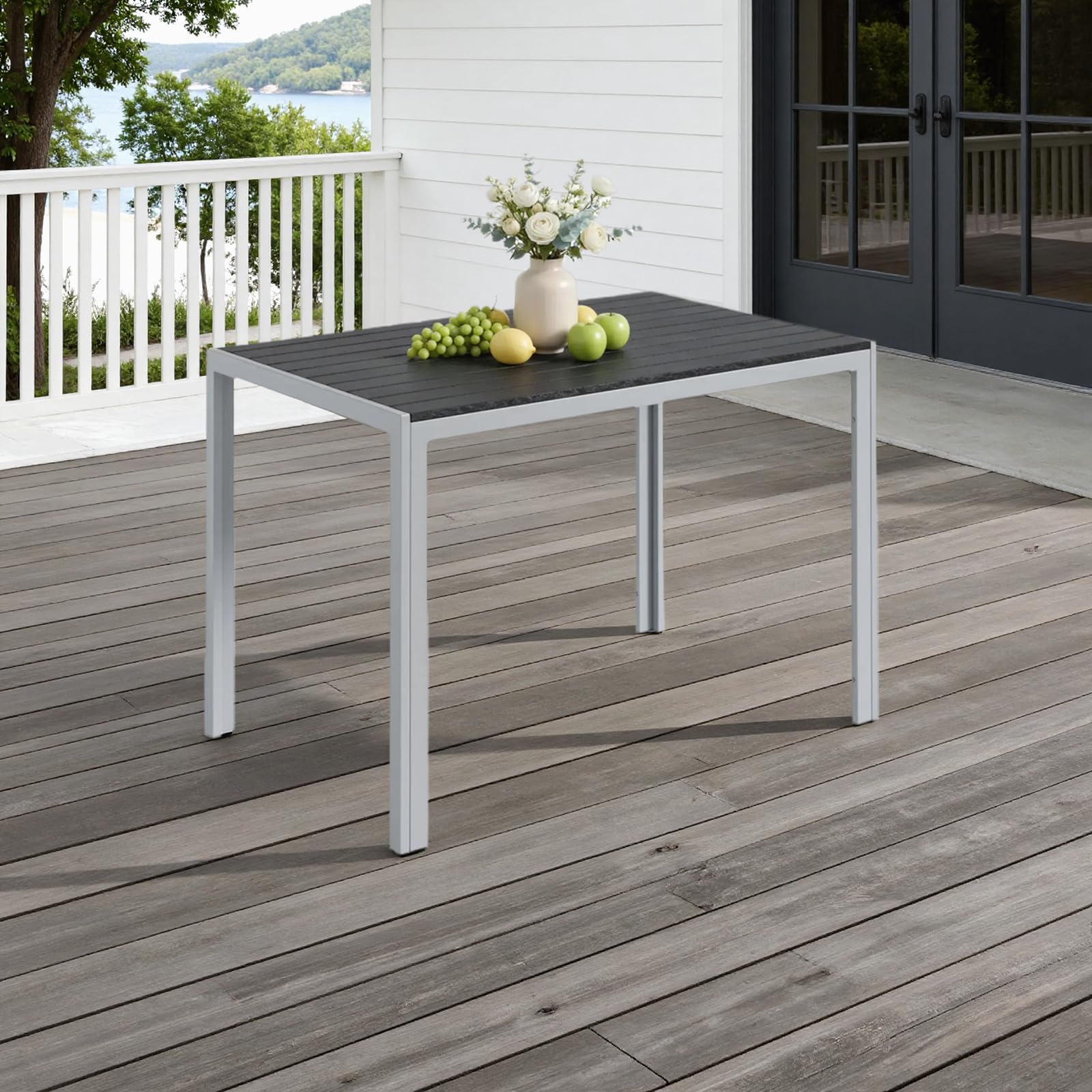 Clevich Mesa de jardín Resistente a la Intemperie, 110 x 70 cm, Mesa de Comedor al Aire Libre, Mesa de balcón WPC, Marco de Aluminio, Muebles de jardín Resistentes a la Intemperie, Mesa Cuadrada de